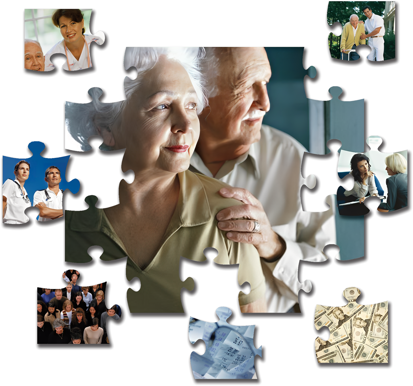 Elderly couple with family memories in puzzle pieces.