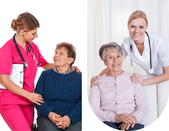 Elderly women receiving attentive care from healthcare professionals.