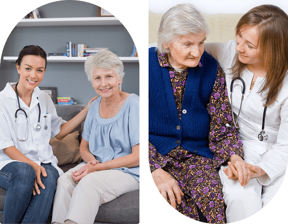 Doctors consulting elderly women in clinical settings.